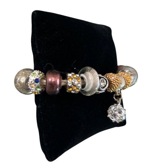 Pandora White Leather Charm Bracelet  Multicolor Beads Silver Dangling Accent - Picture 3 of 8